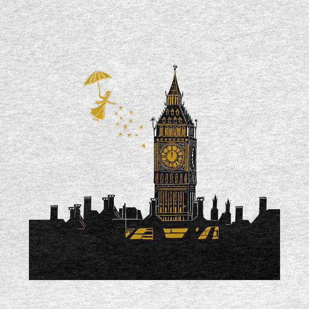 Mary Poppins and Big Ben Linocut Print in black, blue and gold by Maddybennettart